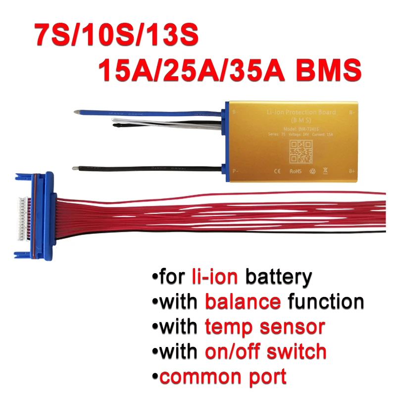 

15A 25A 35A Super Thin BMS for Li-ion Battery 7S 10S 13S 24V 36V 48V Balance BMS with Common Port&on/off-switch with temp sensor