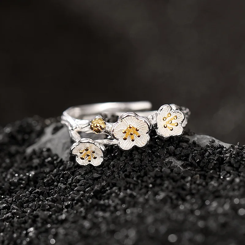 925 Sterling Silver Flower branch Open Rings For Women Hypoallergenic Fashion jewelry