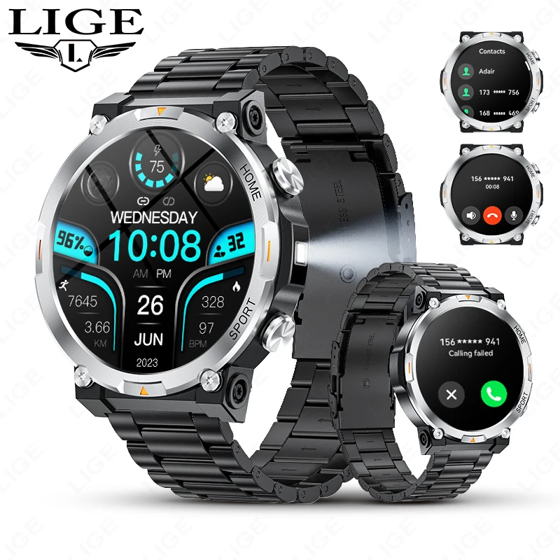 LIGE Smartwtach Men 1.43 Inch AMOLED Screen Men Watch Health Monitoring Sports LED Flashlight Smart Watch Bluetooth Call Watches