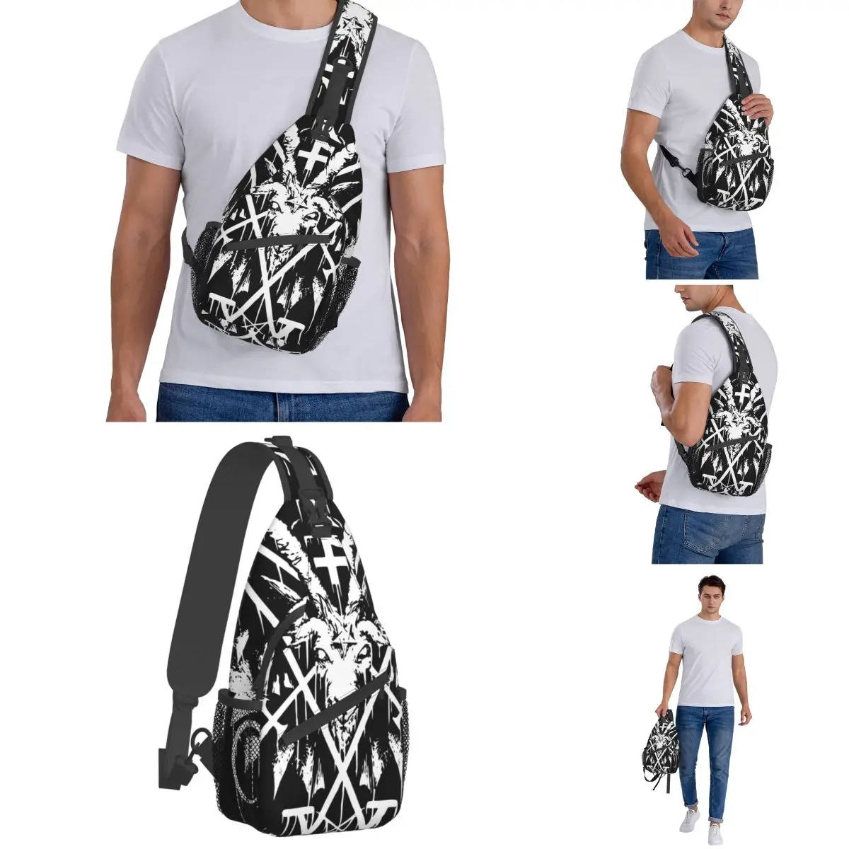 Sigil Of Lucifer And Baphomet Small Sling Bag Chest Crossbody Shoulder Sling Backpack Outdoor Hiking Daypacks Satan Pattern Bag