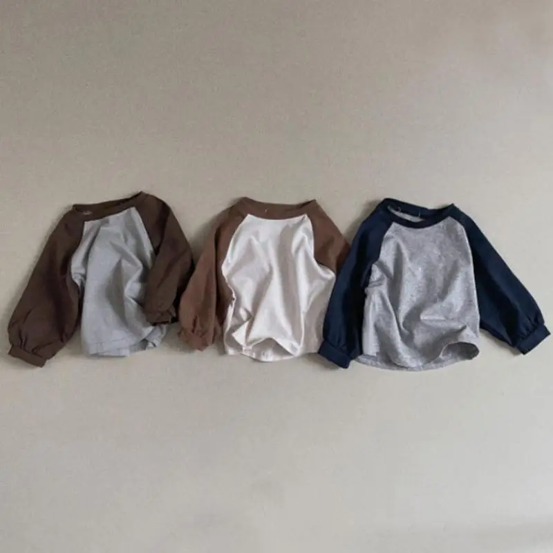 2024 Spring New Casual Patchwork Pullover Tops Boys Simple Long Sleeve T-shirt With Slit Sleeves T-shirt Girls Cotton Undershirt