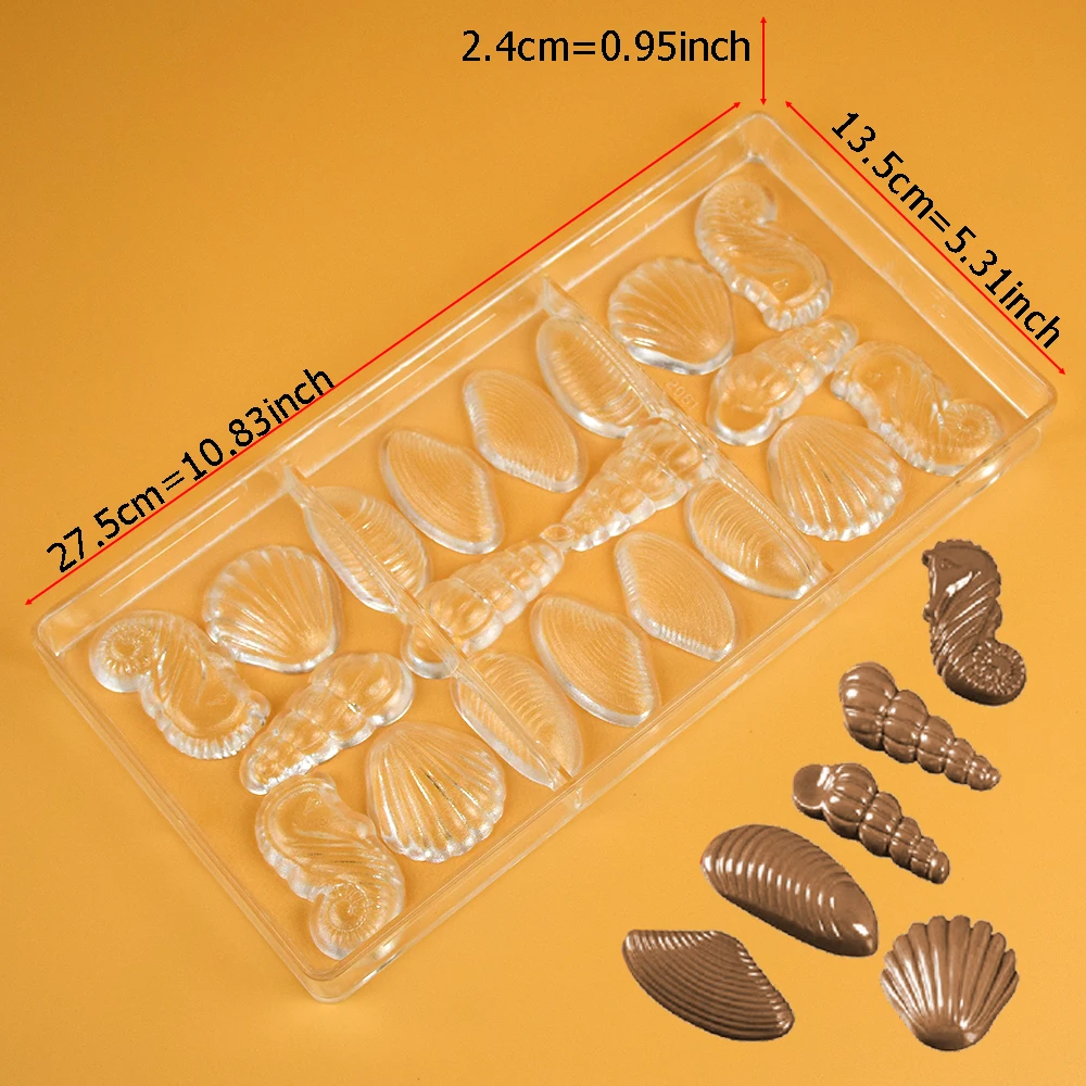 1Pcs Polycarbonate Chocolate Mold Form Scallop Hippocampus 6 Shape 20 Cavity Candy Confectionery Utensils Baking Pastry Tools