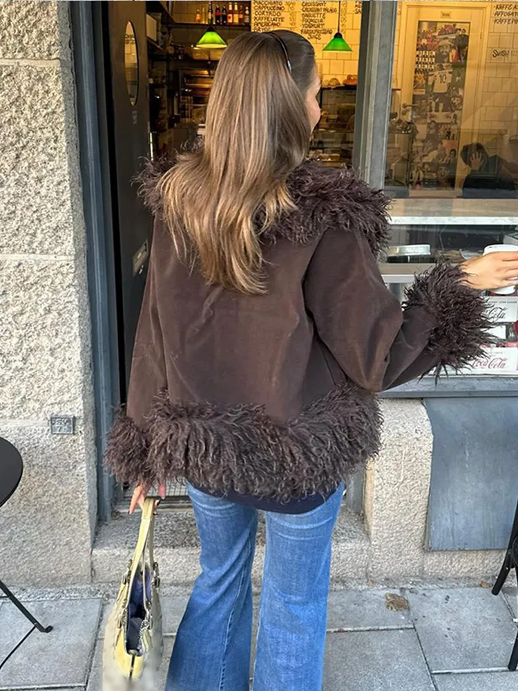 Elegante solido cappotto patchwork in pelliccia sintetica per le donne moda lusso risvolto maniche lunghe addensare giacca femminile nuovo caldo streetwear 2024