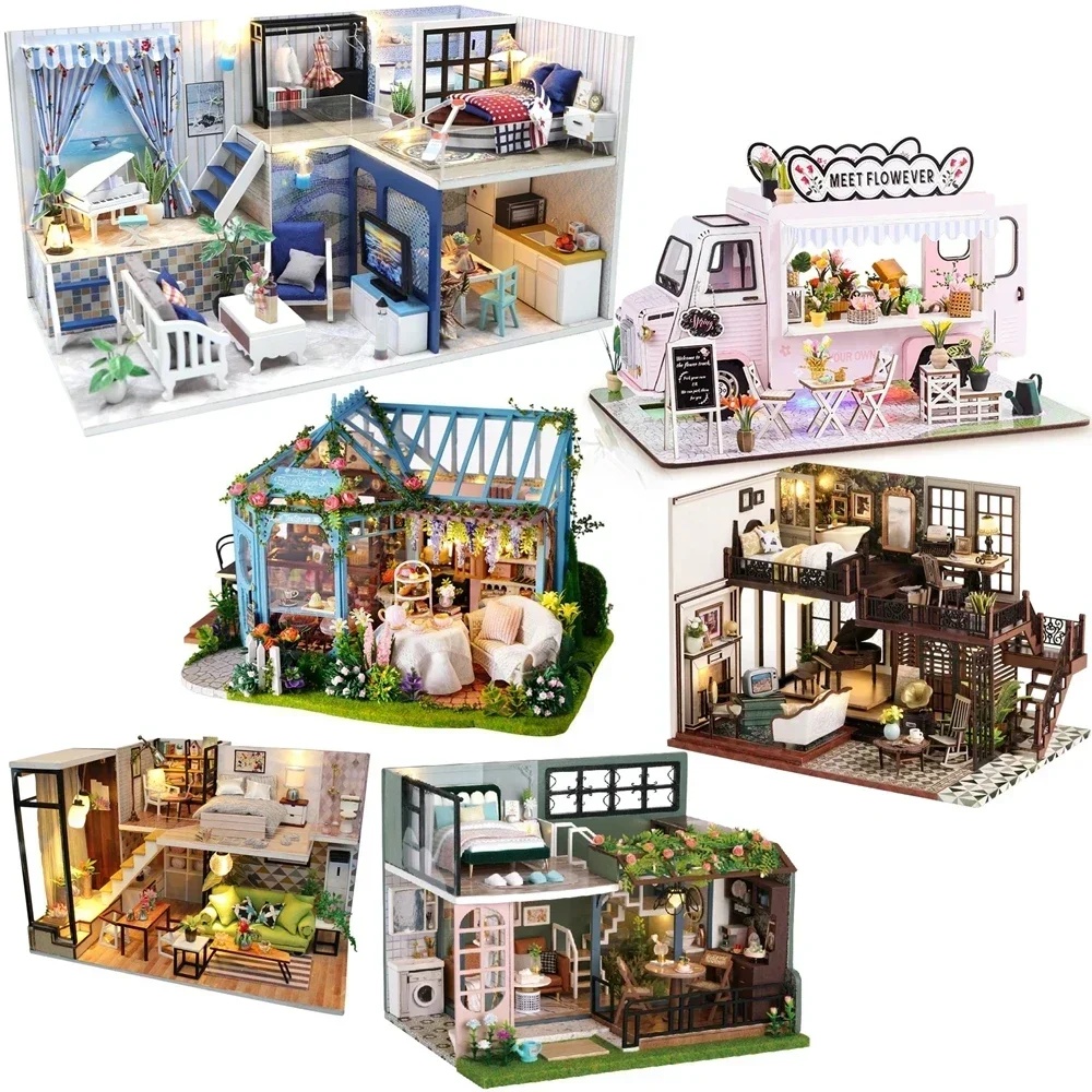 Diy Dollhouse Kit Wooden Doll Houses Miniature Dollhouse Furniture Kit With Led Light Toys For Children Birthday Gift