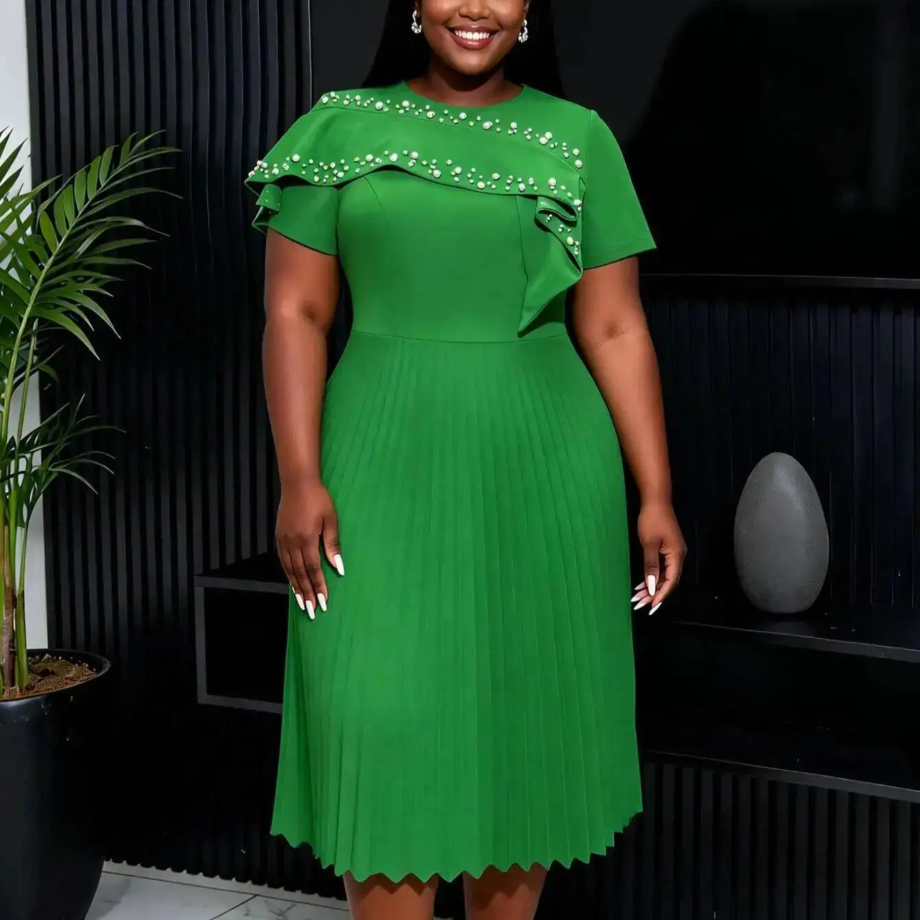 Vestido plisado estilo chal con cuentas verdes para mujer de talla grande, favorecedor de la figura y ceñido a la cintura, vestido de fiesta moderno Y2K