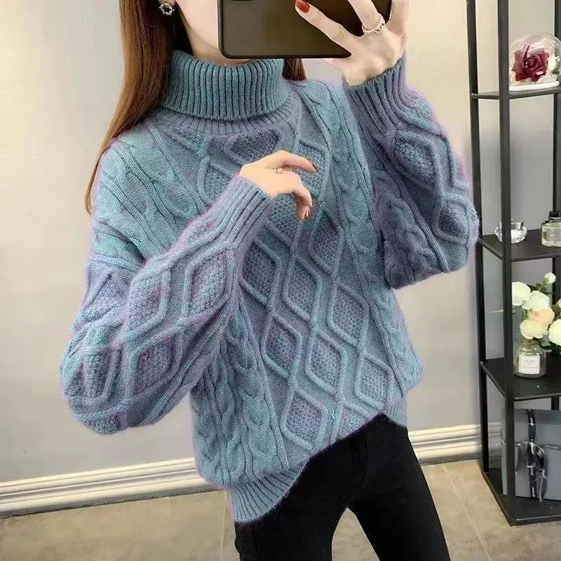 Women\'s Turtleneck Sweater Fall Winter New Loose Warm Knit Pullover Tops Candy Colors Knitwear Jumper Korean Soft Casual Poleras