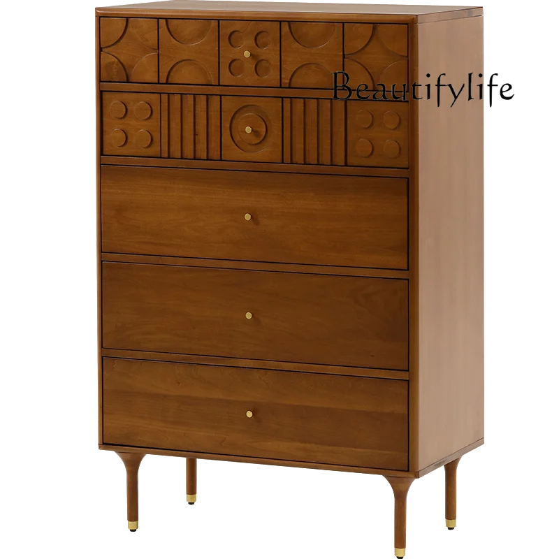 

Nordic retro wind solid wood carving flower 5 drawers living room bedroom storage side cabinet