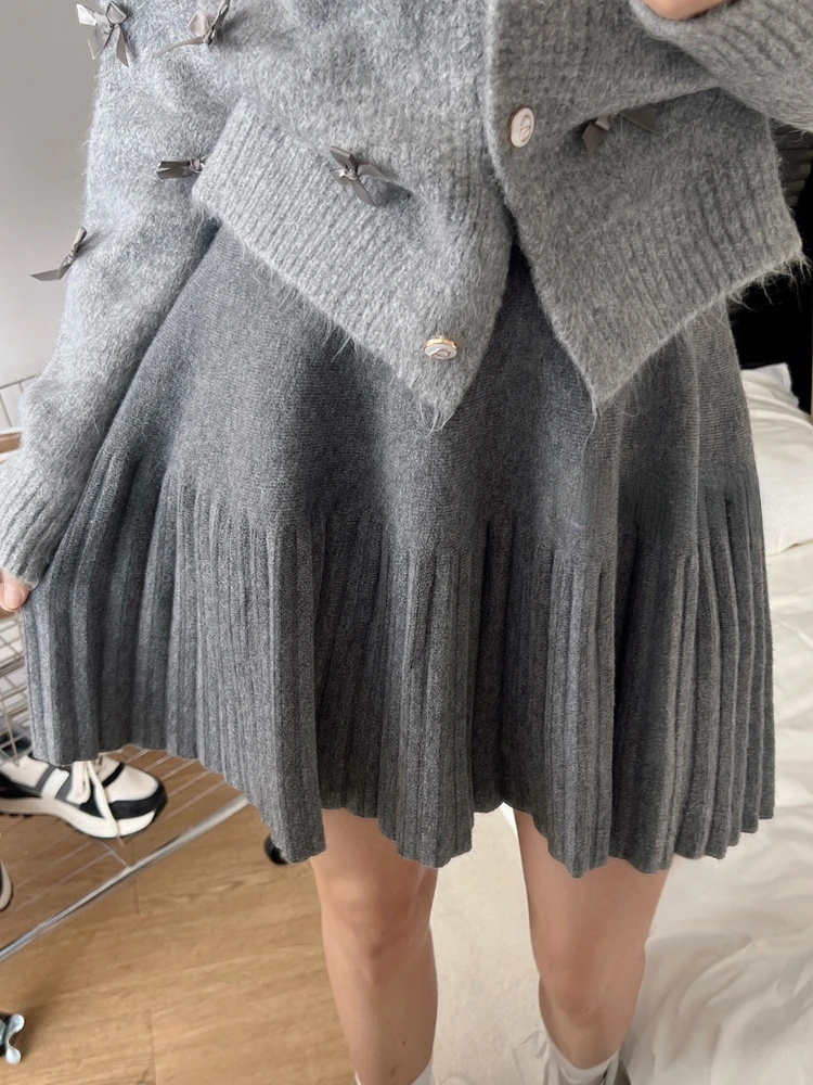 

Knitted Pleated Skirt Women Autumn Winter High-waisted Mini Skirt Girl's Korean Solid Gray White Women's A-line Skirts Knitwear