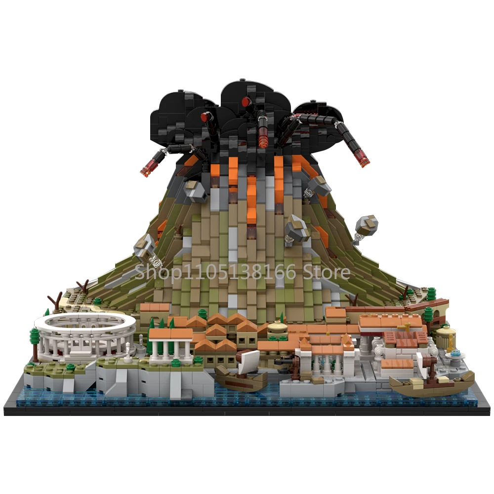 Jouet de construction MOC - MOC-159887 Mont Vésuvius et la ville de Pompei dans un style romain antique, diorama de l'éruption volcanique