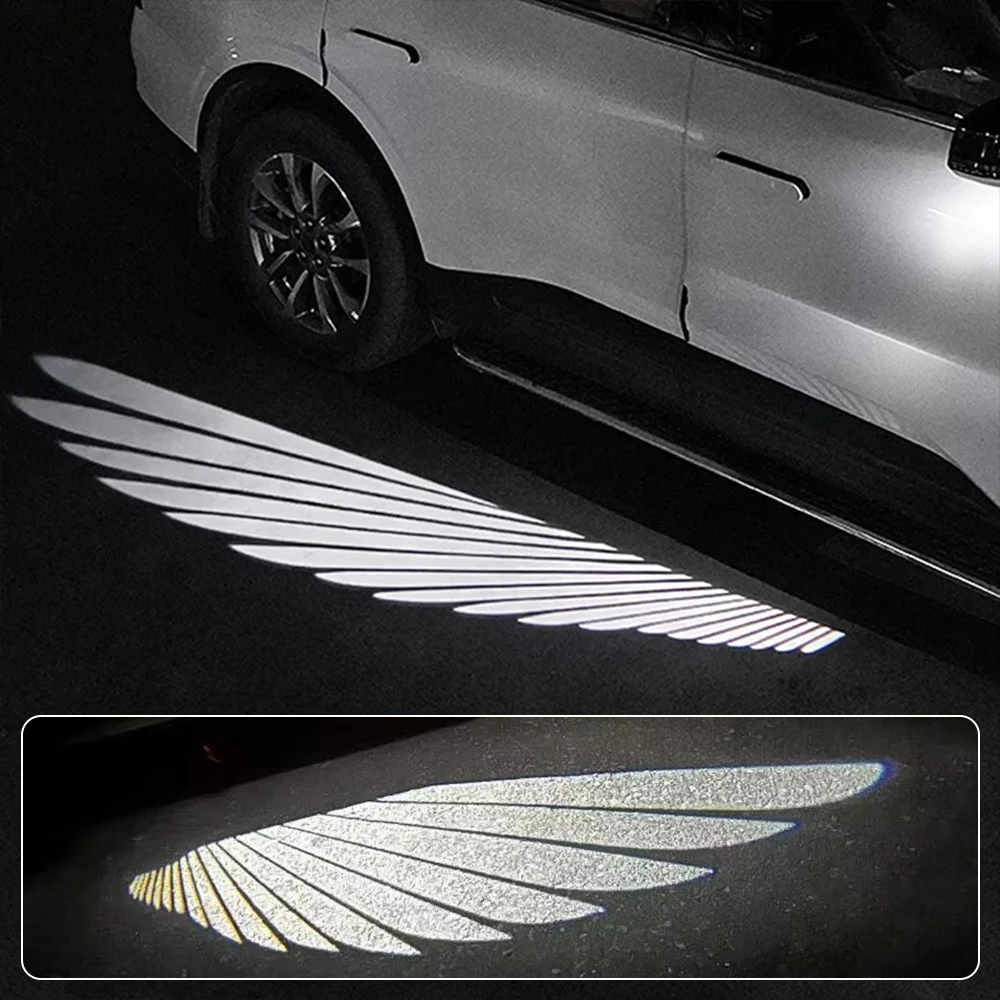 2pcs Car LED Side Rearview Mirror Welcome Light Angel Wings Ambient Lighting White Dynamic Projector Laser Lamp Dual-Controller