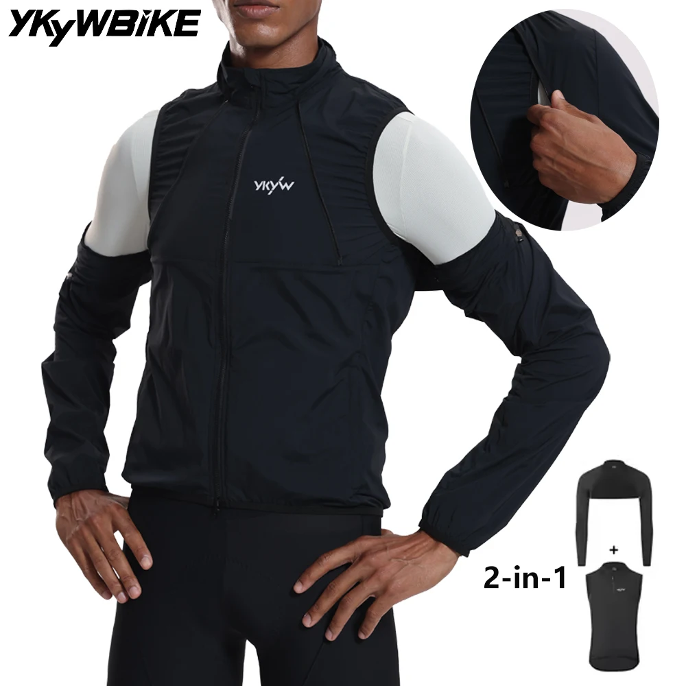 ykywbike-men's-2‑in‑1-cycling-jacket-gilet-waterproof-windproof-6-pockets-breathable-removable-sleeves-road-mtb-bike-coat