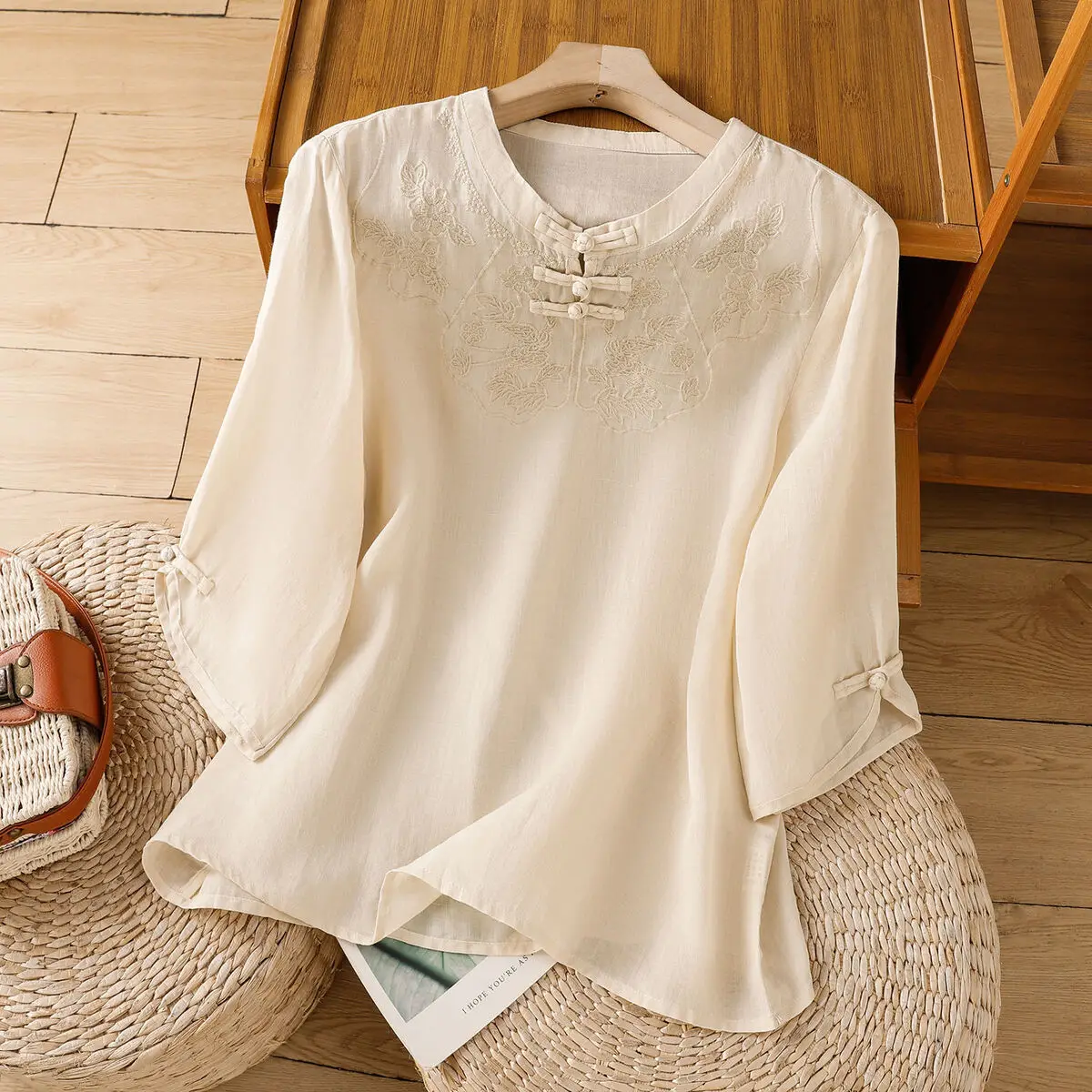 Chinese Style Round Collar Button Cotton Linen Sleeveless Shirt