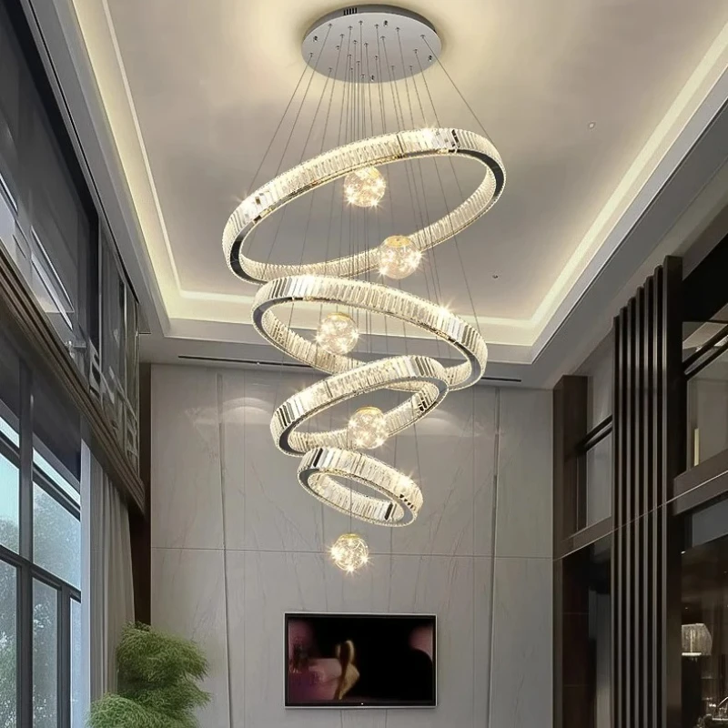 

Modern Luxury Ring Chandelier for Staircase Villa Living Room Rotate Crystal Pendant Lamp Interiorindoor Lighting Fixture