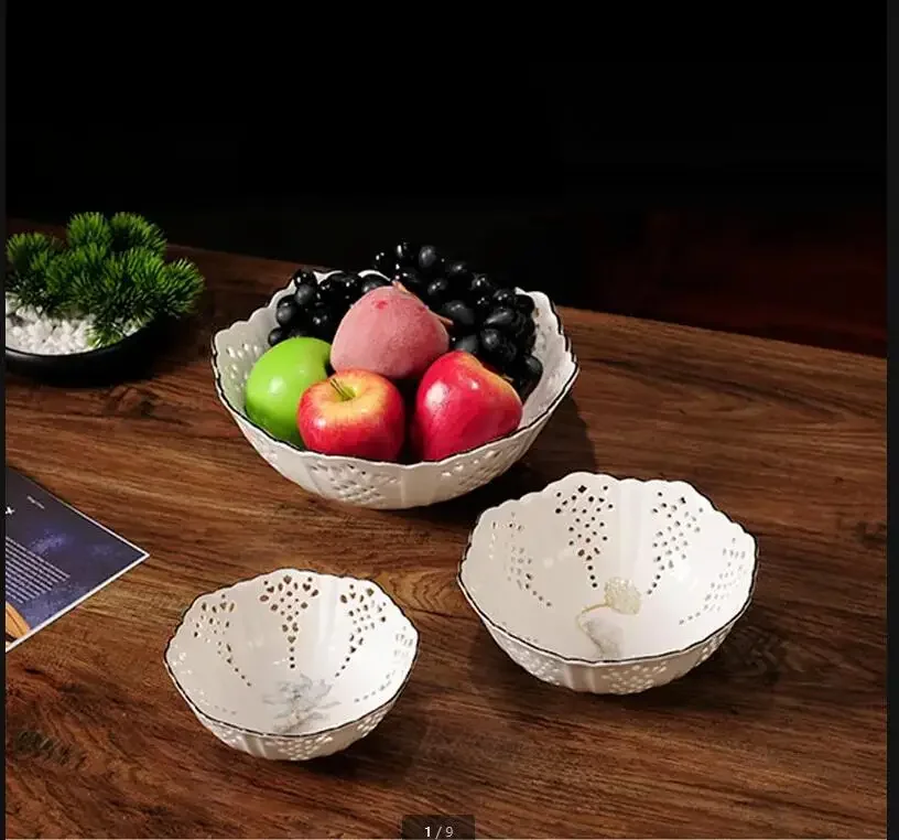 

White Hollow Ceramic Plate Fruit Dish Dried Fruit Plate Snack Tray Coffee Table Fruit Plate Decorative Plates Bowl Tableware