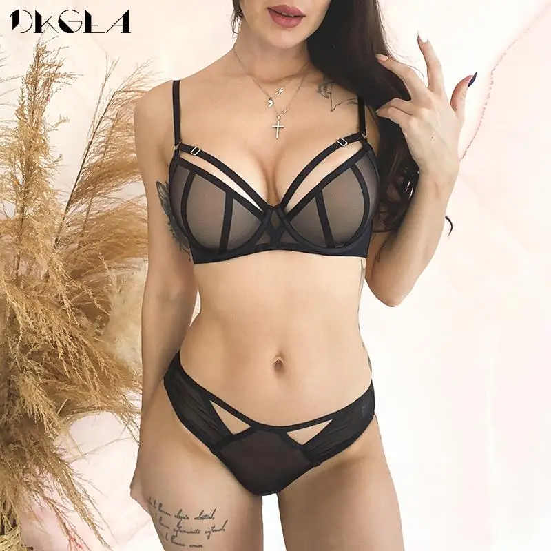 Bandage Push Up Bra Panties Sets Thick Padded Brassiere Fashion Black Deep V Sexy Underwear Set Women Plus Size D Cup Lingerie