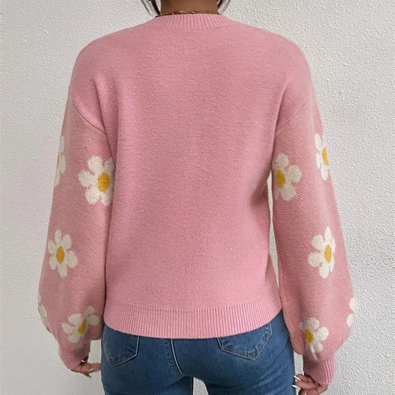 Autumn Winter New College Style Flower Knitted Coat Loose Fashion Round Neck Pullover Print Long Sleeve Sweater Women\'s Tops