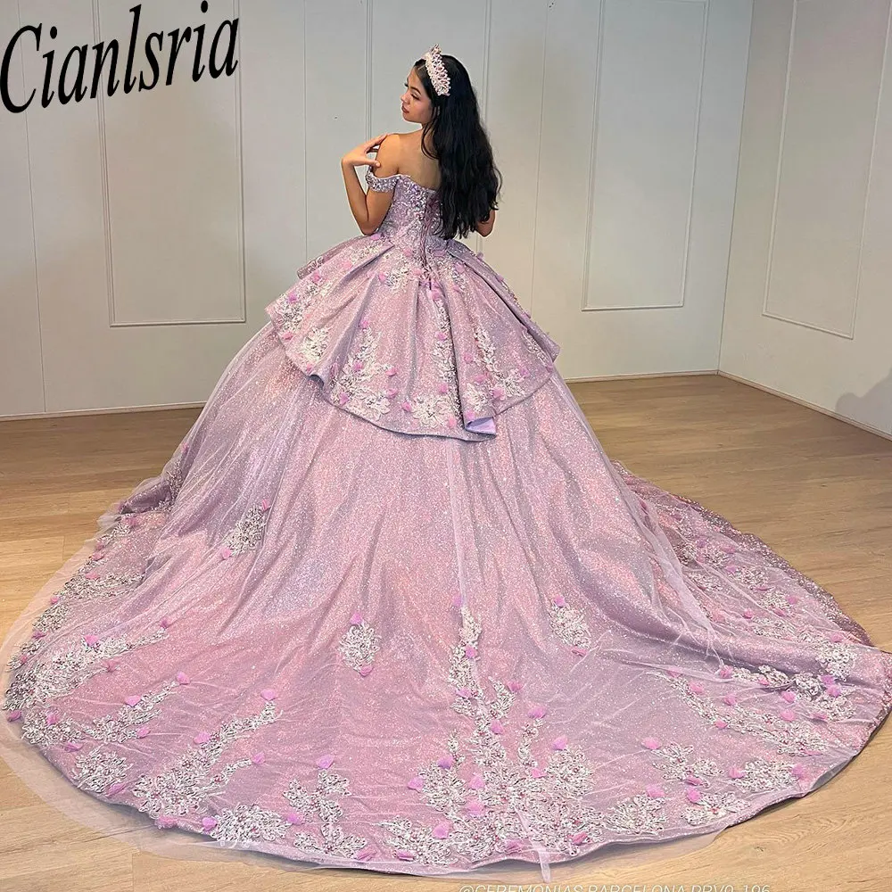 Vestido De baile De quinceañera con volantes y flores 3D lilas, hombros descubiertos, apliques De cuentas, corsé De encaje, 15 Años