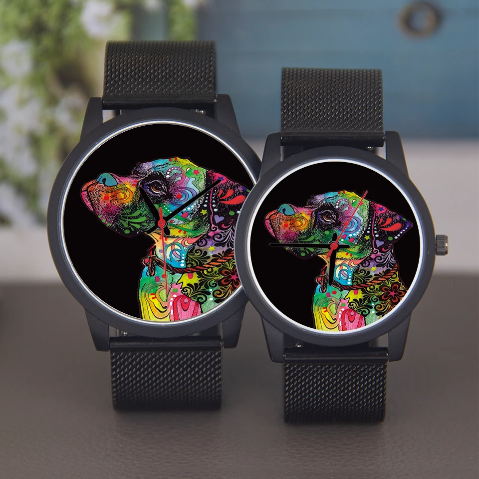 ساعة يد بتصميم كلب 45/38 ملم بمينا ذهبي وردي كوارتز للرجال والنساء مع حزام أسود ساعة فضية عالمية هدية تذكارية