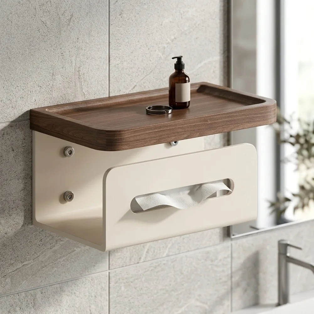 Toilet Paper Holder with Walnut Wood Shelf for Standard Rolls Face Towels and Daily Essentials Modern Space Aluminum Design