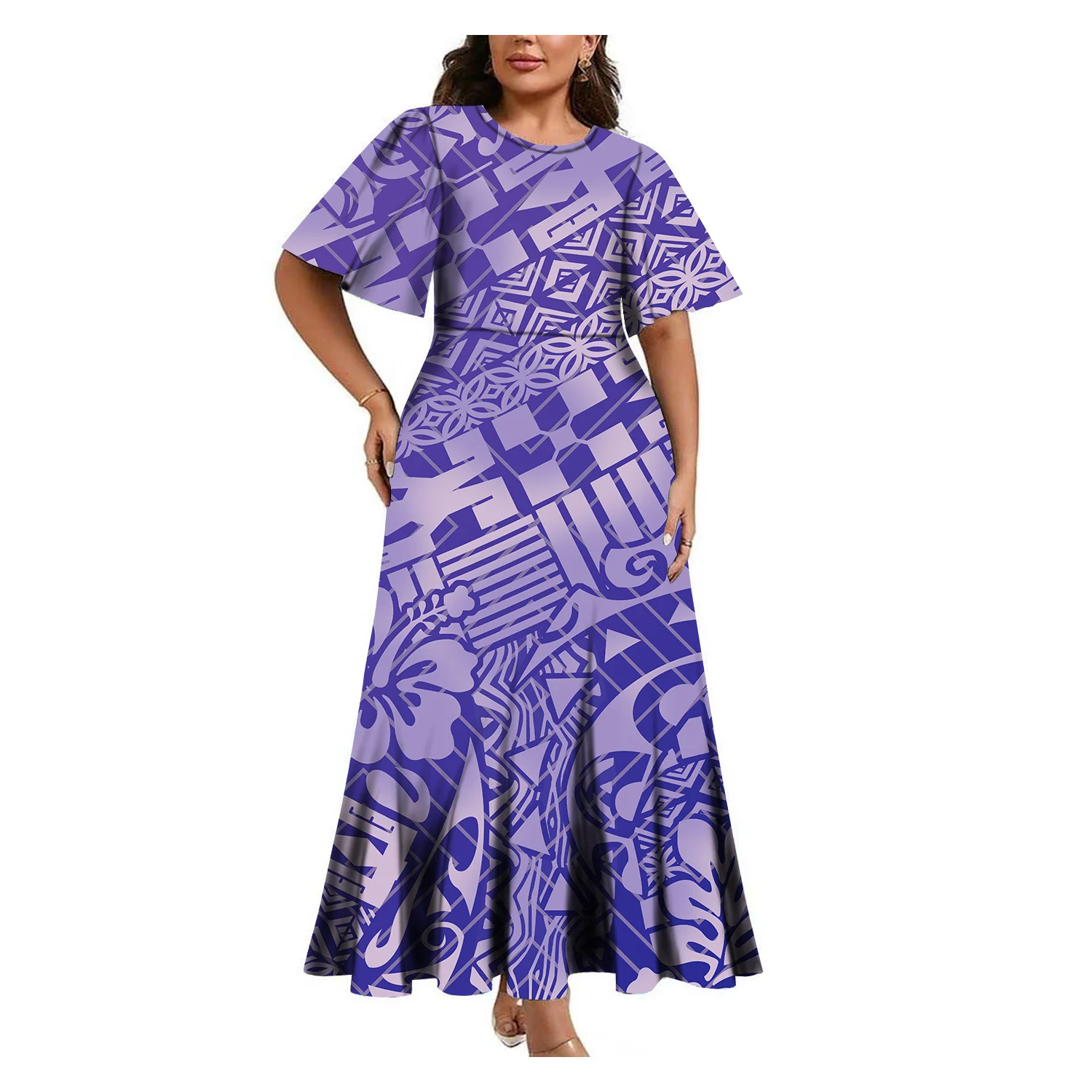 

High-Quality Skin-Friendly Waist-Cinched Round-Neck Loose Mid-Sleeved Polynesian Loose Skirt Design Elegant Festival Party Dress