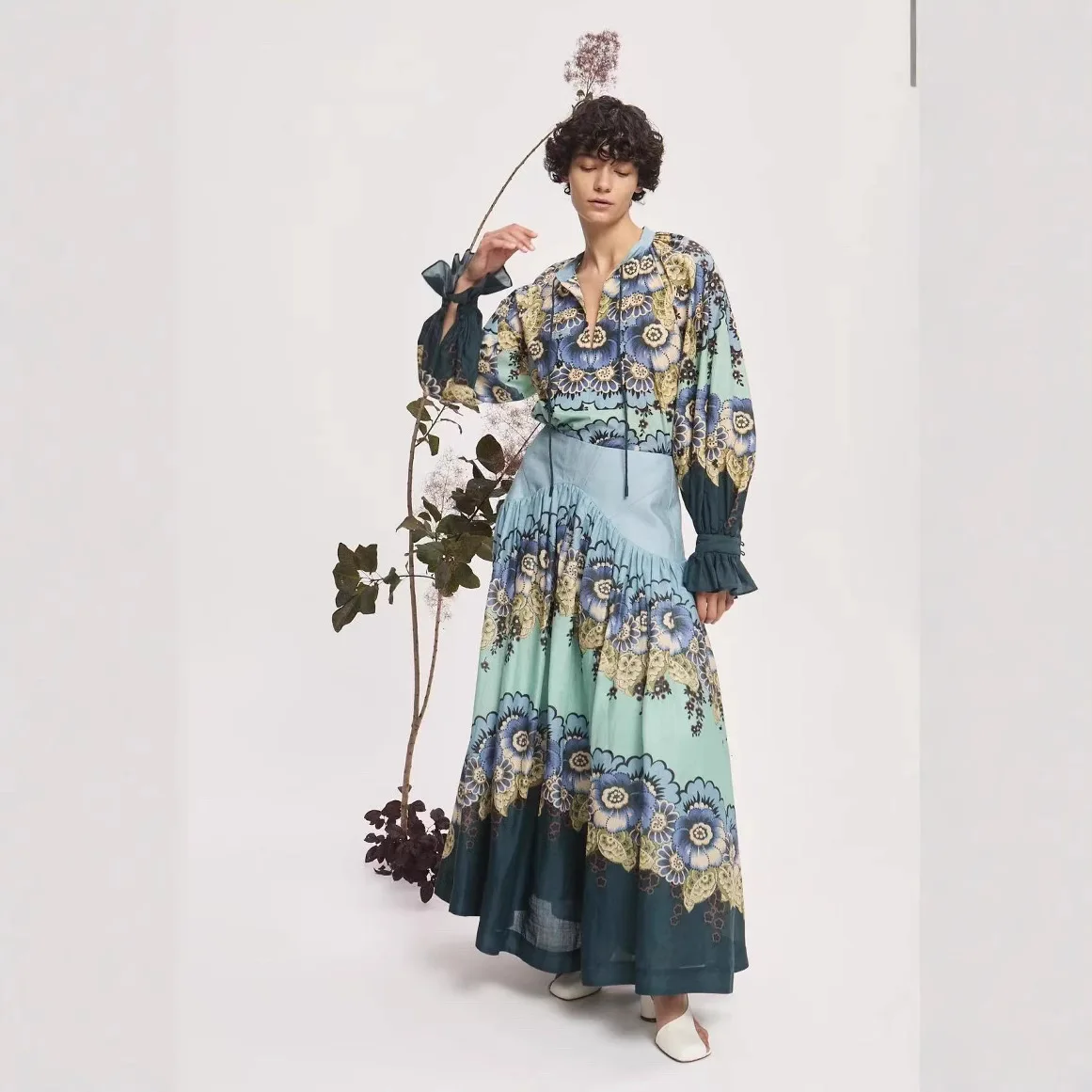 Ele Vintage Sle Long Sve Loose Dr Ele Aosphere Design Zomer Dames Faion Polyester Materiaal A-lijn Rok