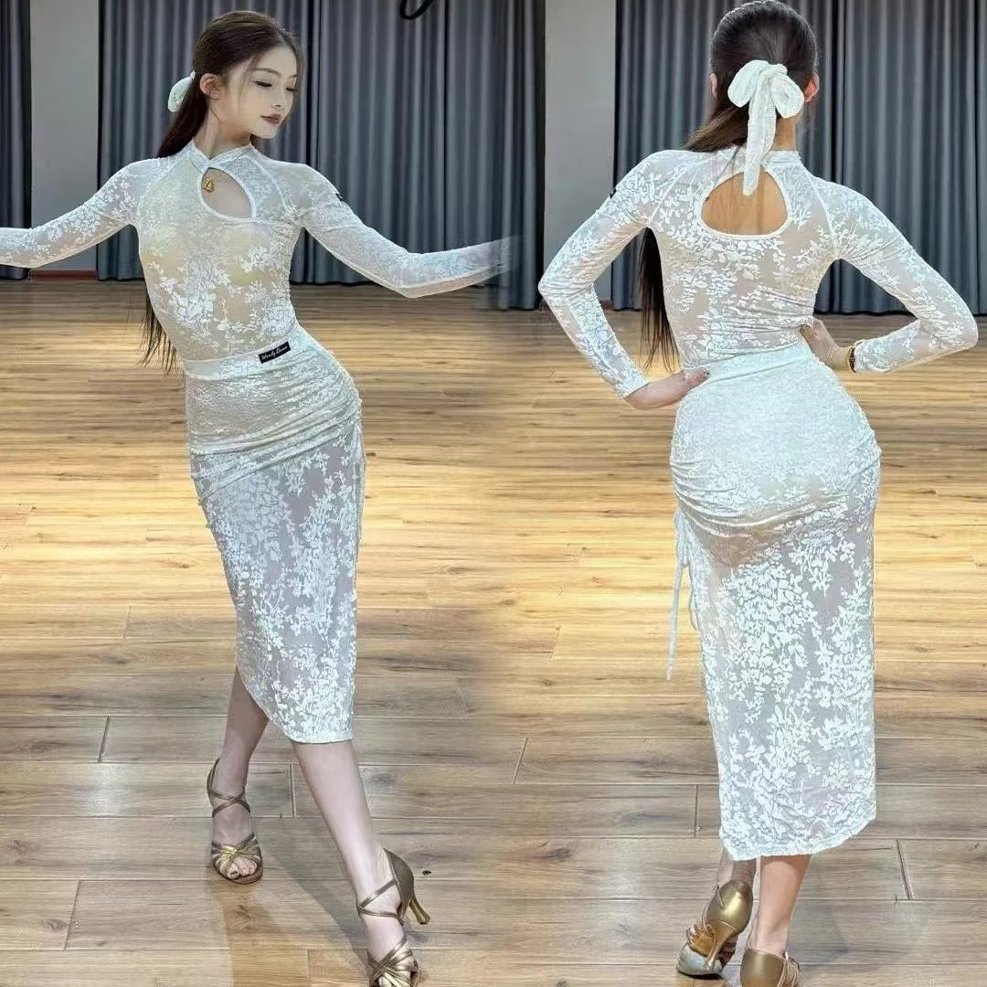 

Latin Dance Clothes Women Long Sleeves Lace Tops Slit Skirt Club Rumba Tango Performance Dresses White Black Latin Dress NV22538