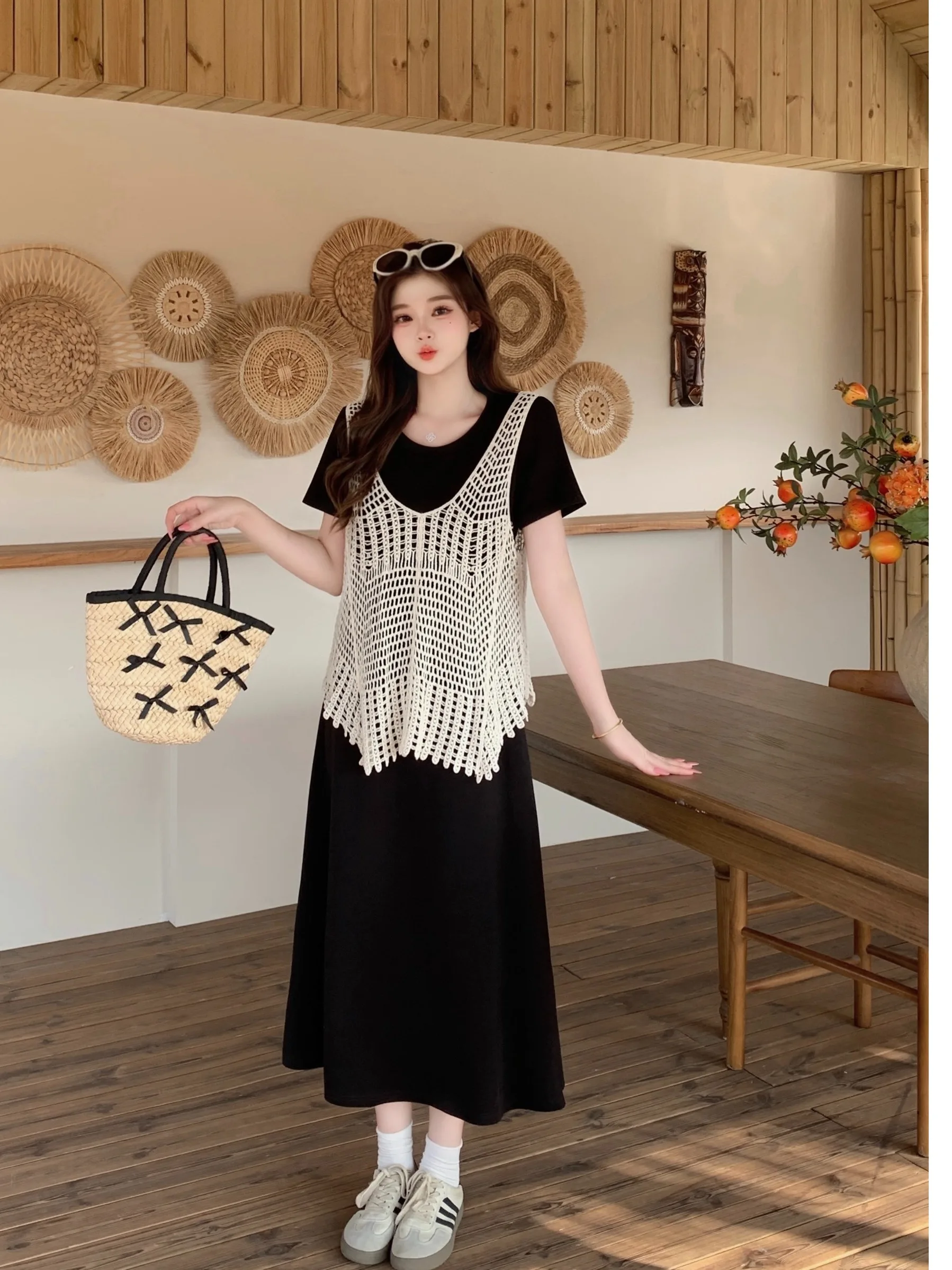 

plus Size Casual Hollow out Vest Dress Women Summer New Slimming Tassel Vest Top Trendy High Waist A-Line Skirt Korean Style