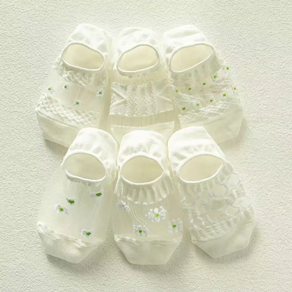 

10Pairs Fashion Floral Glass Silk Boat Socks Breathable Thin Flower Invisible Socks Sweet Glass Silk Mesh Short Sock Girl