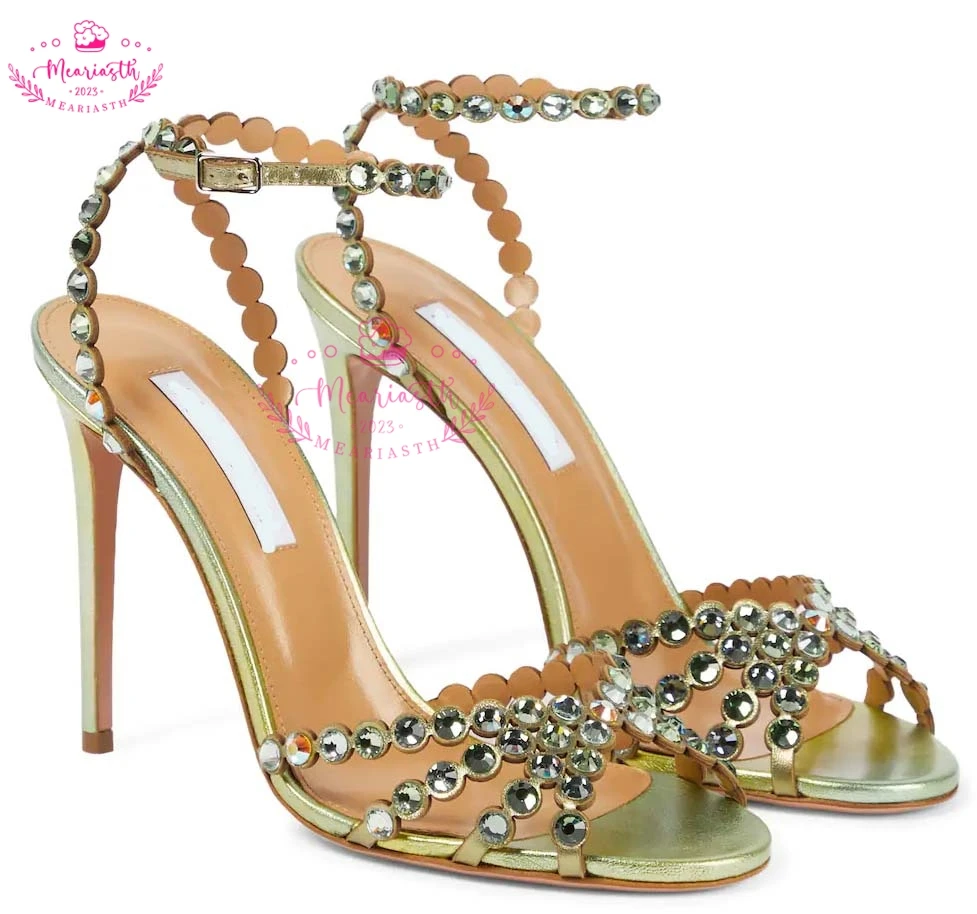 Meariasth Crystal-embellished PVC Sandals Leather Clear Transparent Straps Rhinestone Ankle Strap Party Shoes Large Size 43