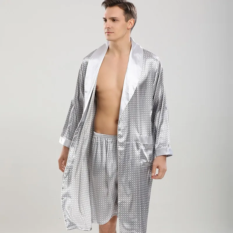 Men 2PCS Robe Sets Sleepwear Kimono Gown Male Sleepwear Bathrobe Faux Robe & Shorts Suit Casual Nightwear Lounge Wear Homewear