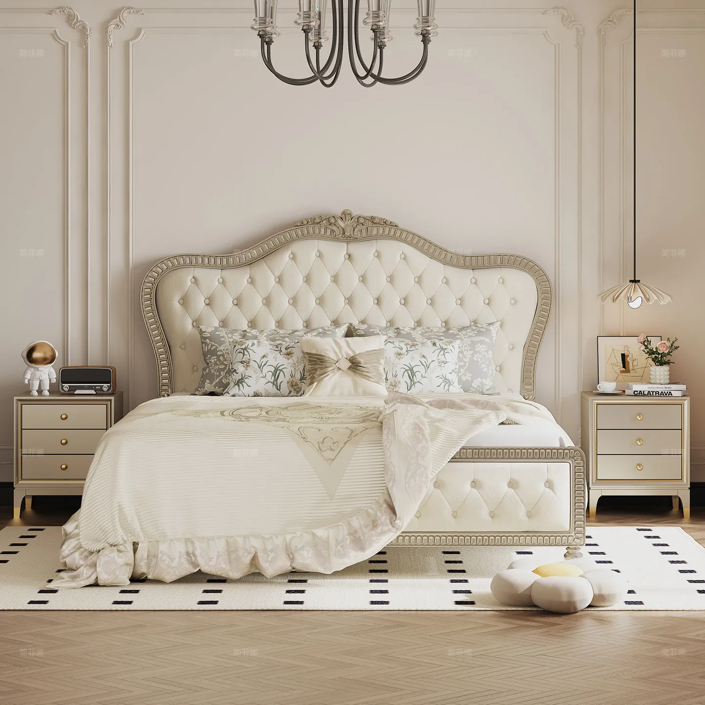 Bed Superior light luxury modern master bedroom fabric bed flannel cream wind double bed