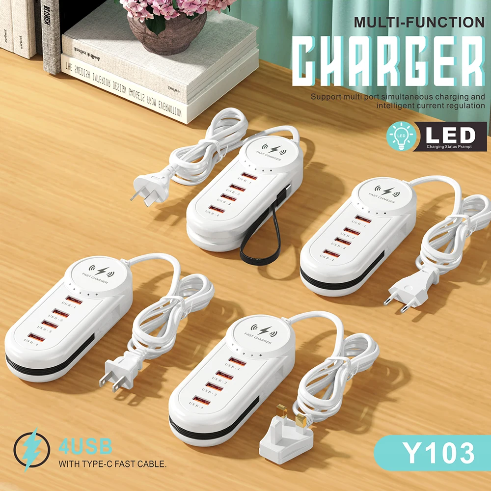 Multi-Port USB C Fast Charger 4 Ports 2PD 2USB with Type-C Cable LED Display for iPhone 16 Samsung S24 Xiaomi 14 EU/US/UK Plug