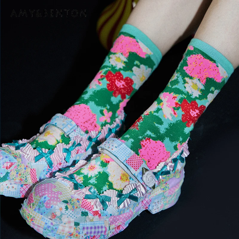 

Japanese Design Colorful Floral Women's Cotton Hosiery Autumn New Sweet Cute Versatile Flower Age-Reducing Mid-Calf Socks Ladies