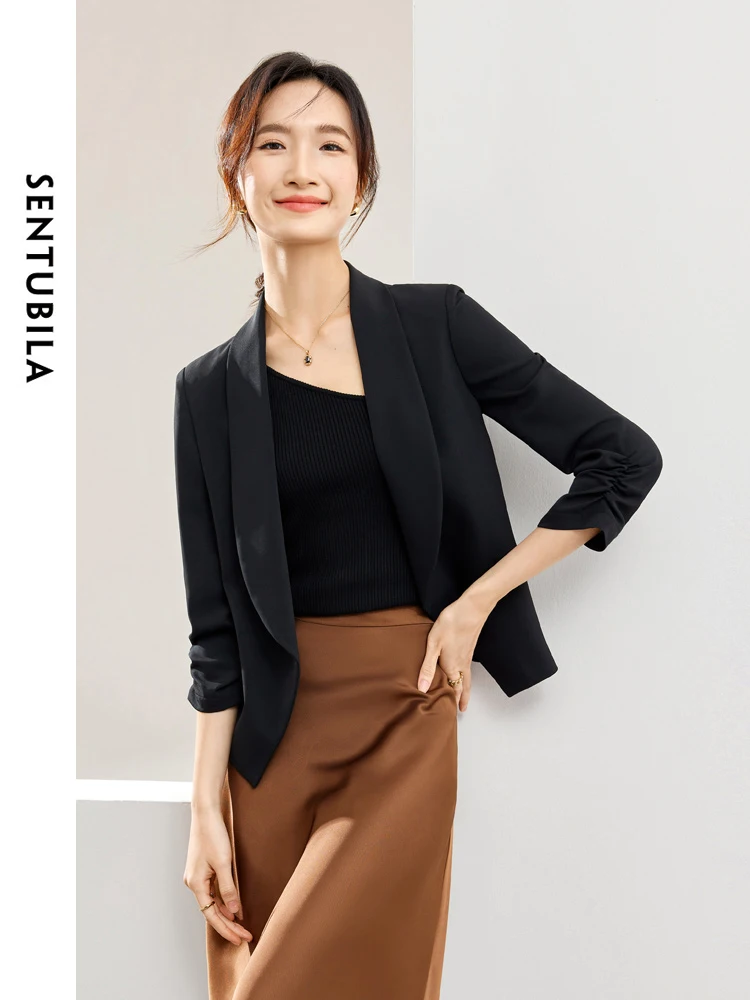 

SENTUBILA Elegant Black Blazer Cropped Jackets for Women 2024 Spring Autumn Night Quarter Sleeve Female Tailored Coat 141X53313