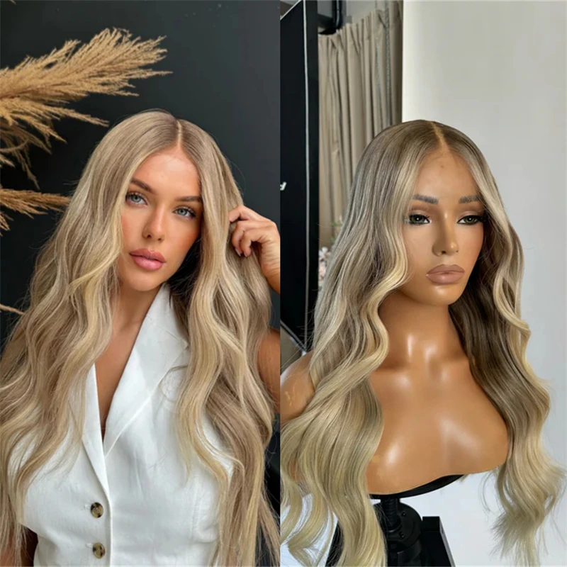 

Glueless Ombre Caramel Blonde Synthetic Lace Front Wig Preplucked Hairline 13x4 HD Transparent Lace Top Wigs On Clearance Sale