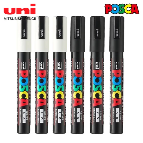 Rotuladores japoneses UNI POSCA, bolígrafo acrílico blanco y negro para resaltar Graffiti PC-1M/3M/5M, suministros de arte para pintura al por mayor, 5 uds.