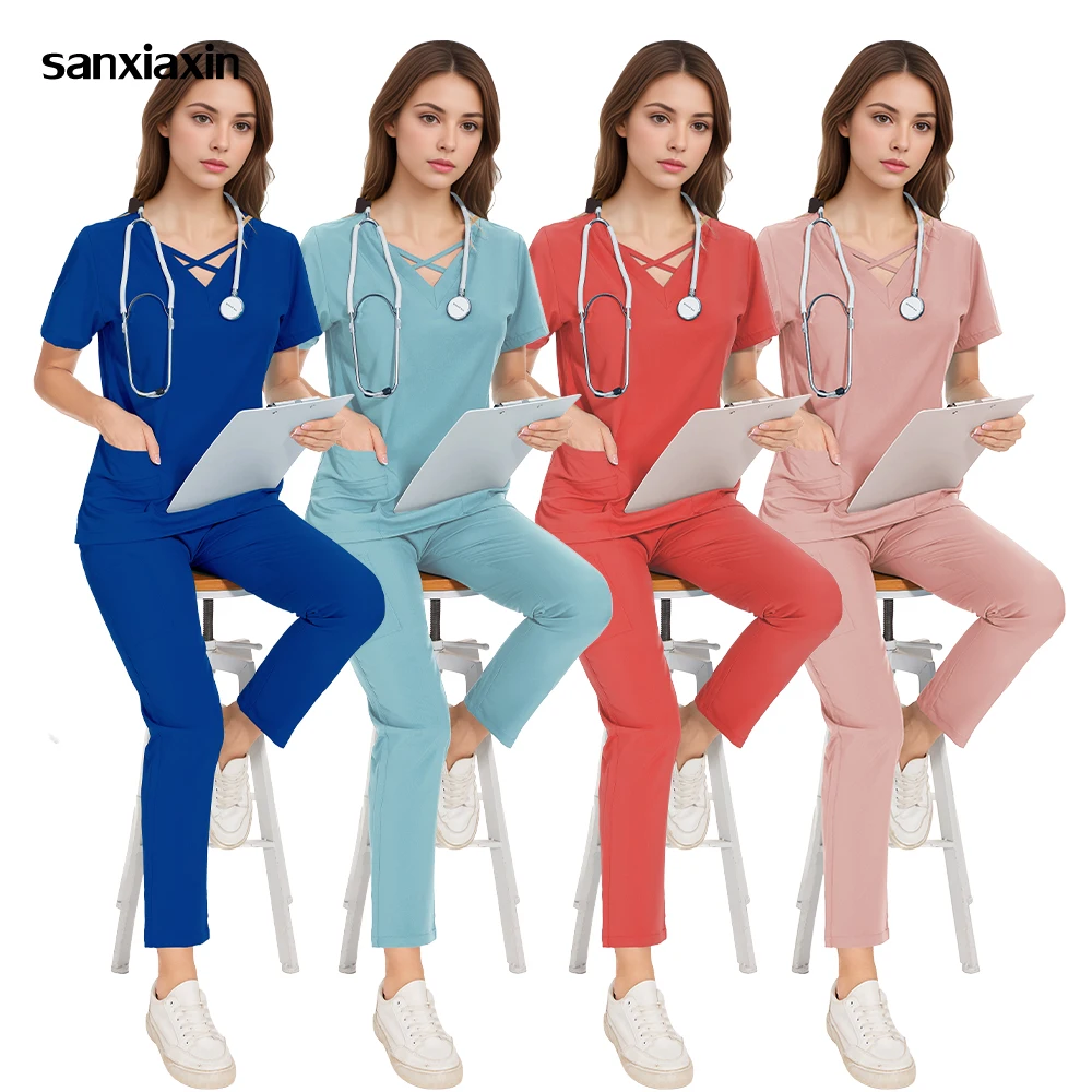 New Style Neck Scrubs Set Accessories Women Medical Uniforms Hospital Doctor Nurse Dental Clinic Workwear Beauty Spa Pet Clothes