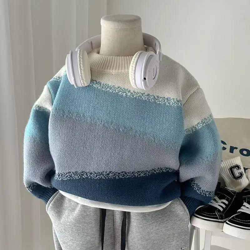 

Boys And Girls Autumn And Winter Pullover Sweaters Thickened Boys And Girls Baby Knitwear Girls Korean Loose Rainbow Stripe Top