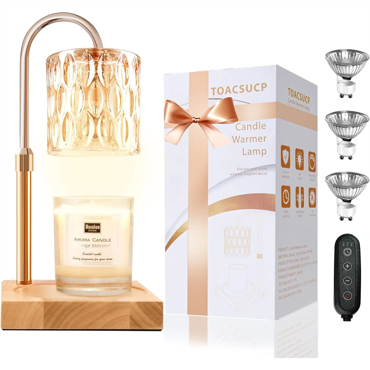 Candle Warmer Lamp with 3 Bulbs, Adjustable Height Dimmable Timer, Gift Box for Women Mom Housewarming