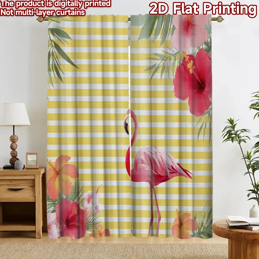 2D flat 2pcs Curtain Home Short Curtains Summer Flamingo Hibiscus Digitally printed polyester Festive Holiday for Holiday