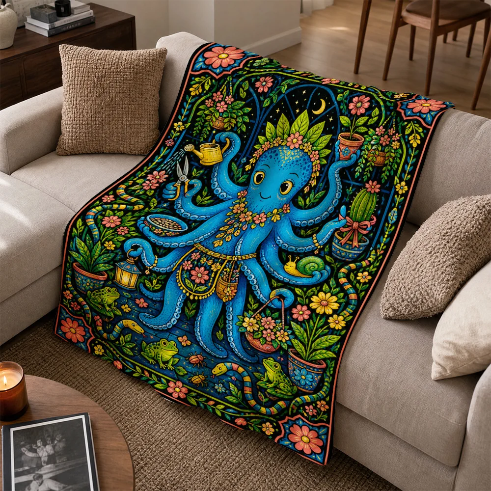 Boho Octopus Throw Blanket Sofa Decor Tropical Ocean Print Cottagecore Mythical Coastal Cushion Runner for Living Room Sofa