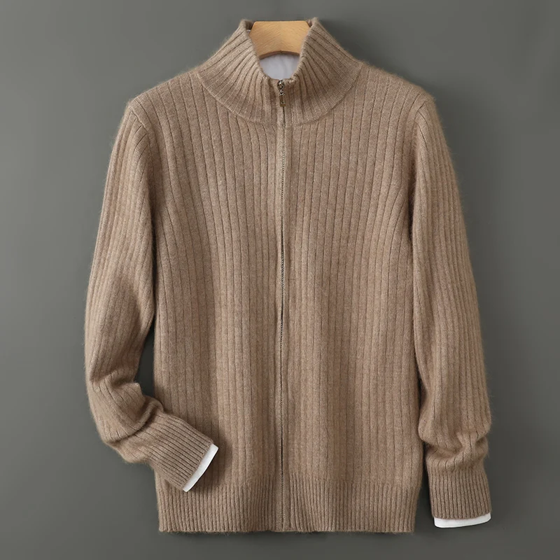 Suéter de malha de cashmere masculino, cardigã com zíper, gola de pé, manga comprida, espessado ampliado, outono e inverno, novos estilos