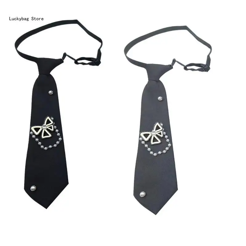 

Japanese Elegant Pre Tied Tie with Bowknot Pearls Chain School Uniform Necktie