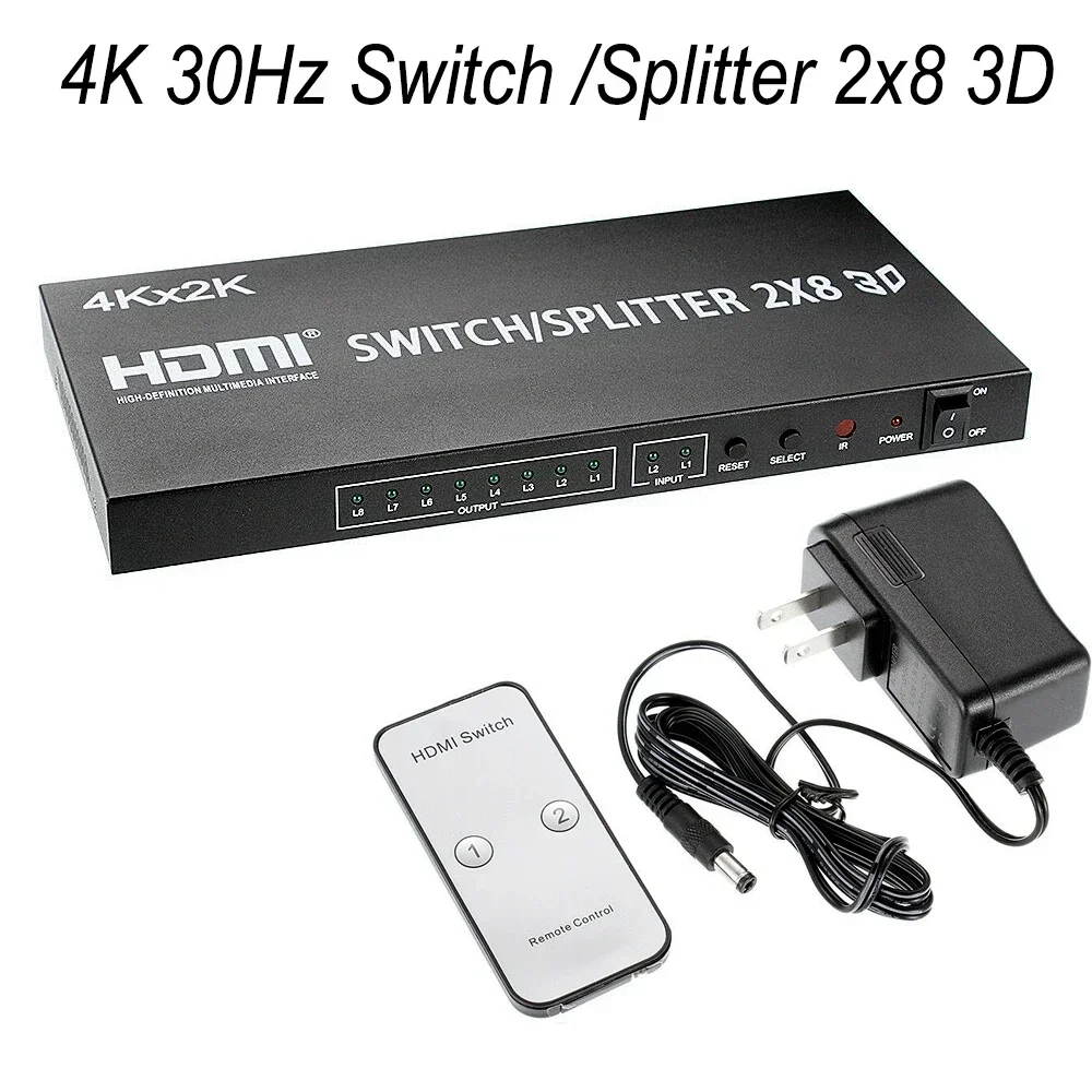 3D 4K 2x8 HDMI Switch Splitter Audio Video Converter 2 in 8 Out for PS4 DVD Camera Laptop PC To 2 4 6 8 TV Multi Screen Display