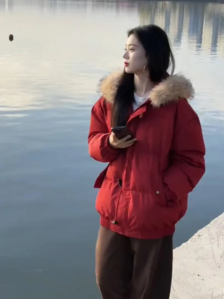 

Утепленная красная хлопковая куртка с капюшоном и большим меховым воротником для мужчин и женщин, зимняя корейская парка в стиле кэжуал для пар