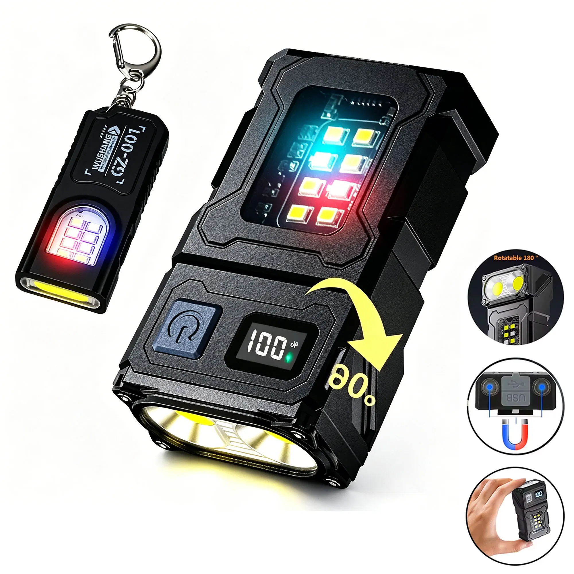 BALDR 180° Rotatable LED Flashlight Keychain Light 20W 500LM USB Rechargeable Portable Small Torch with Magnet Digital Display