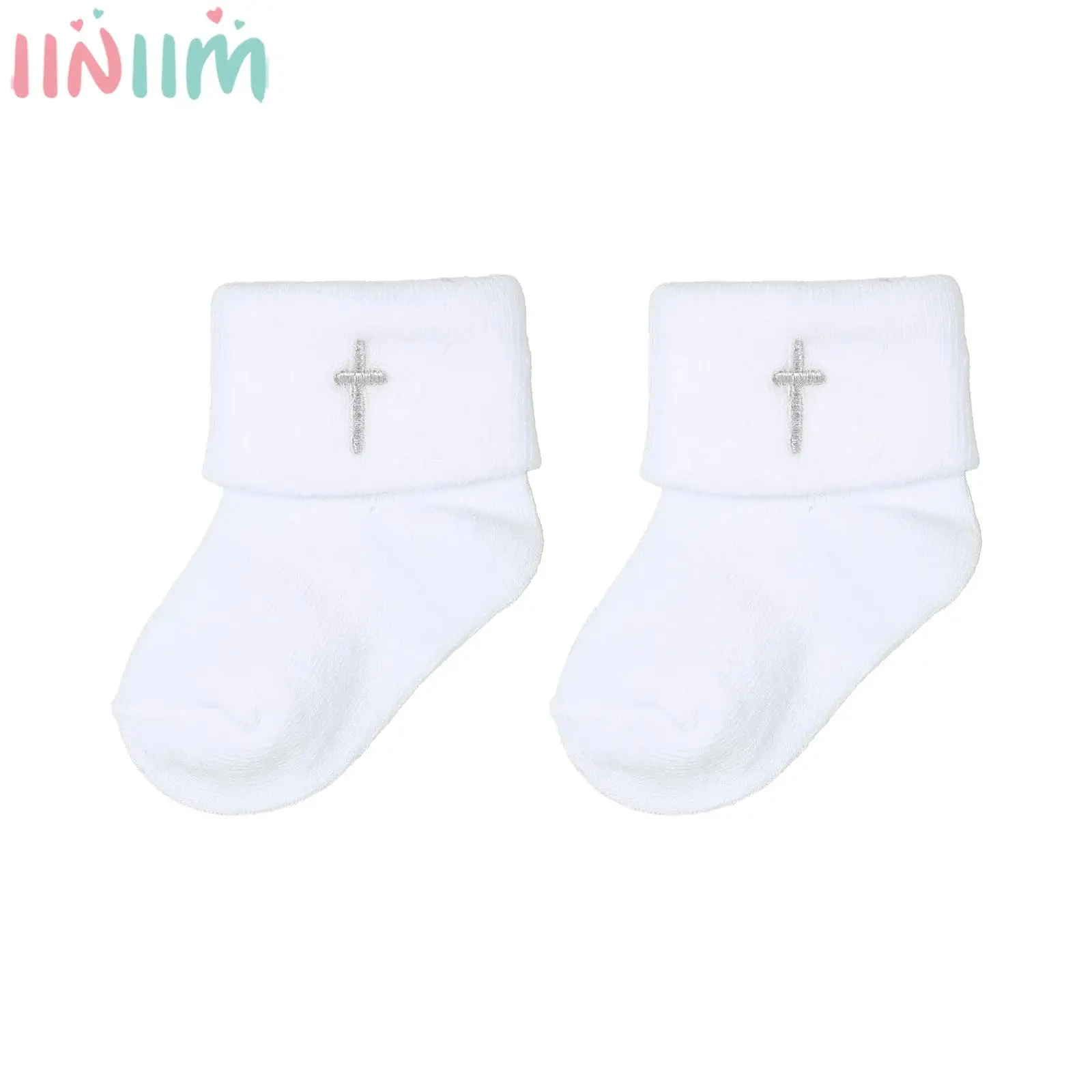 

Носки для крещения новорожденных мальчиков и девочек, хлопковые белые носки на крестины с поворотными манжетами для церковных мероприятий, подарки на день рождения, свадьбу