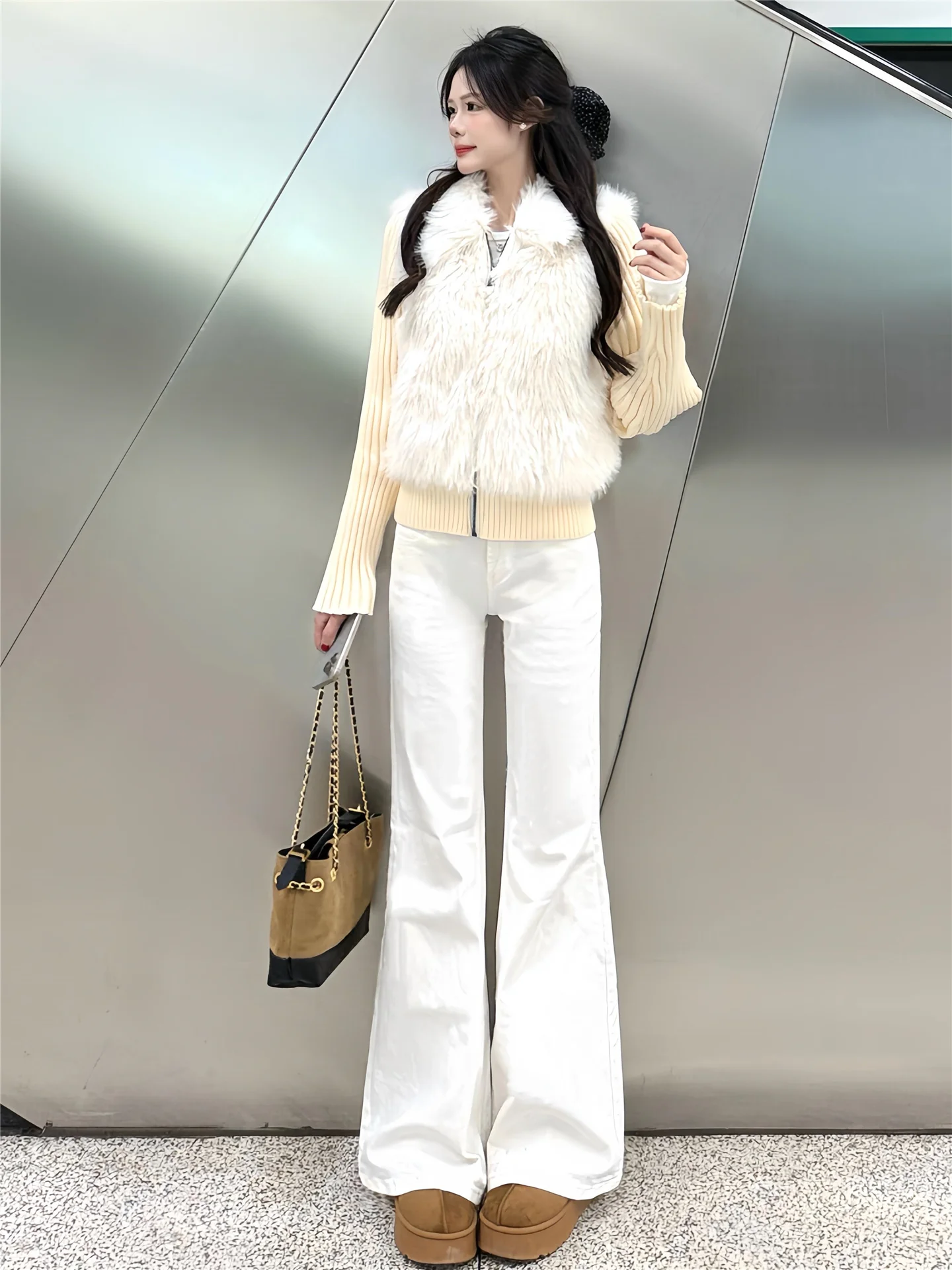 White Low-Waist Flared Jeans Women Winter Fleece-Lined Thickened Loose Non-Matching American Vintage Floor-Length Pants