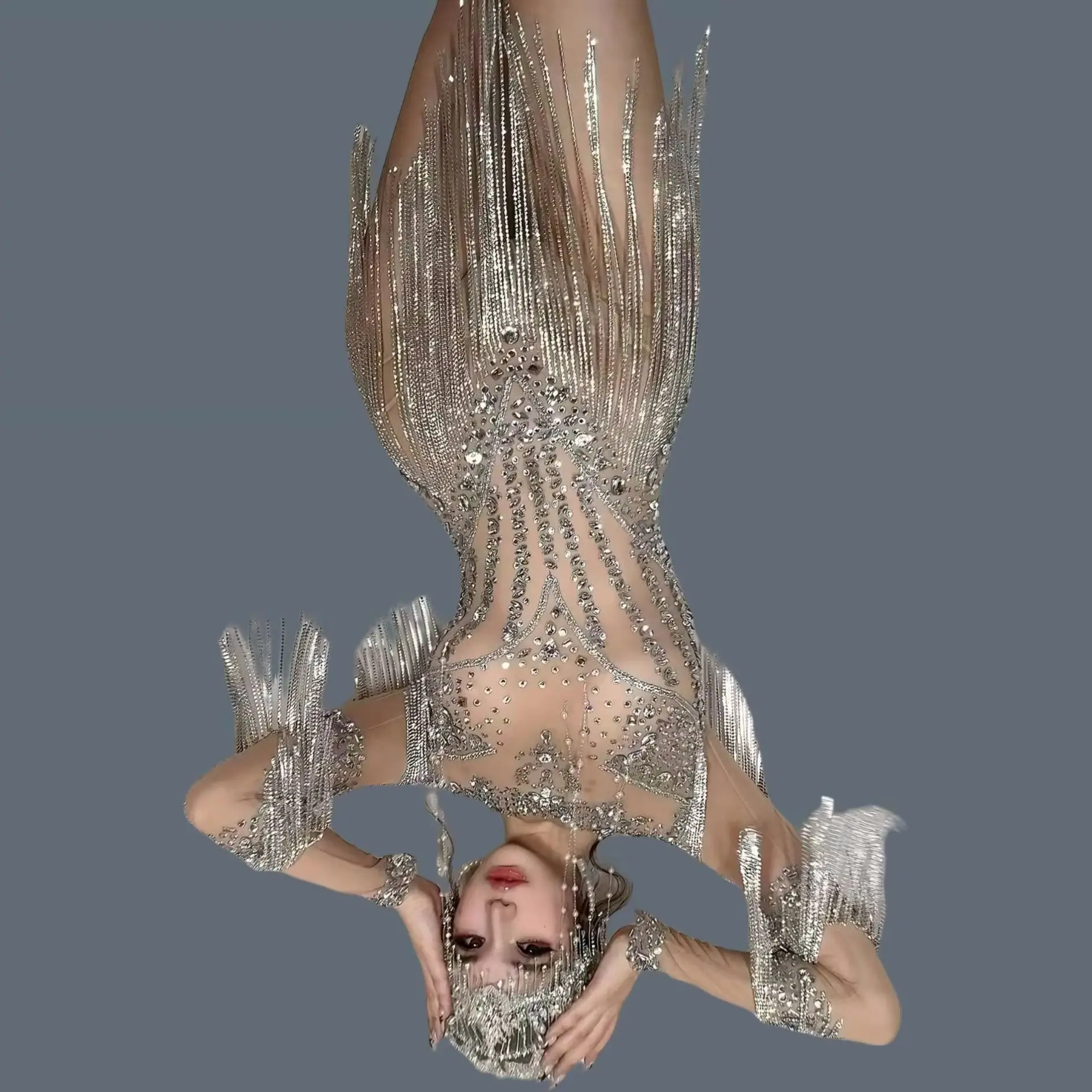 Women High-end Sparkly Rhinestone Tassel Bodysuit Party Stage Performance Sexy Bodysuit Dance Wear Latino Dance Dress Yixing