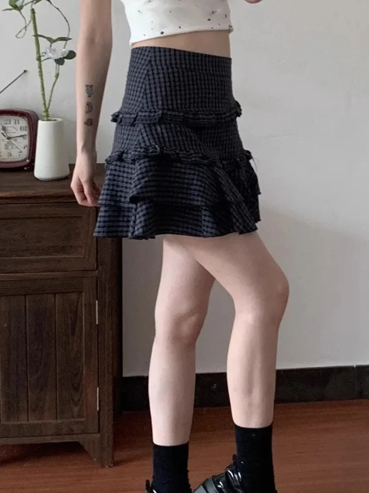 Spódnice w kratę damskie z wysokim stanem w stylu preppy vintage słodkie eleganckie modne falbany patchwork mini spódniczka damska codzienna